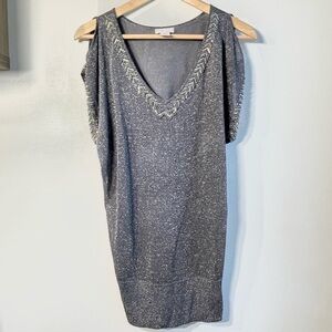 CACHE Blouse Silver Beaded‎ Metallic Cold Shoulder Tunic Sparkly Top Women’s XS